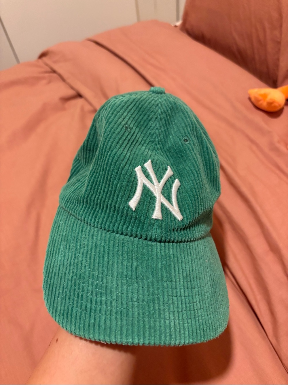 Urban Outfitters Green Corduroy Baseball Cap with White NY YANKEES Logo